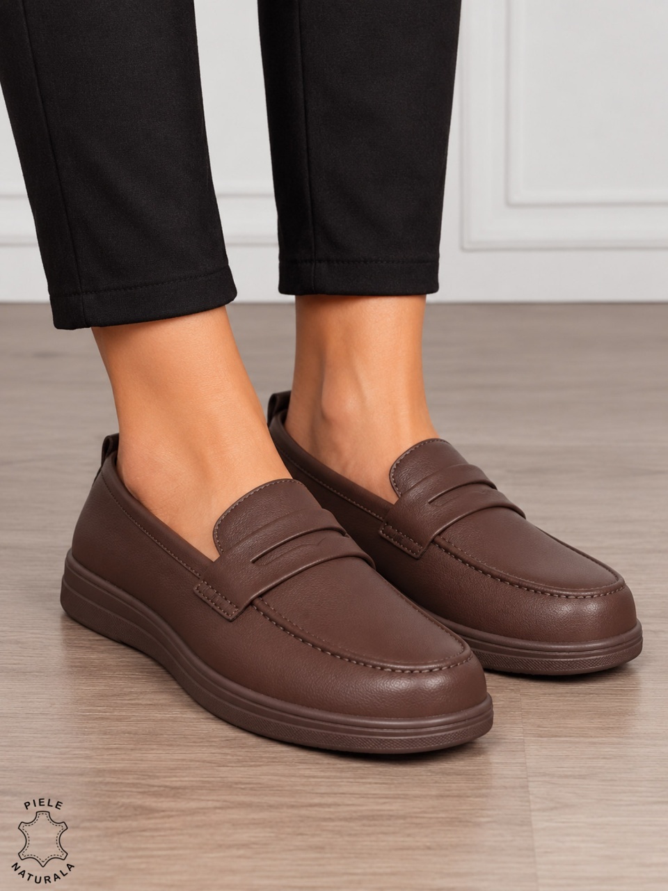 Mocasini dama din piele naturala cu finisaje clasice CRL1910 CAFENIU