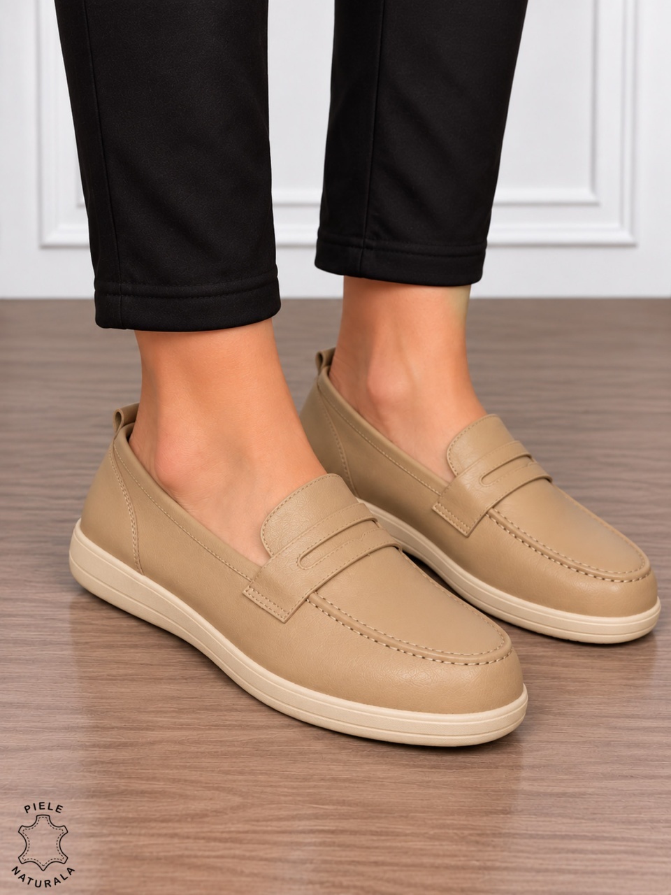 Mocasini dama din piele naturala cu finisaje clasice CRL1910 KHAKI