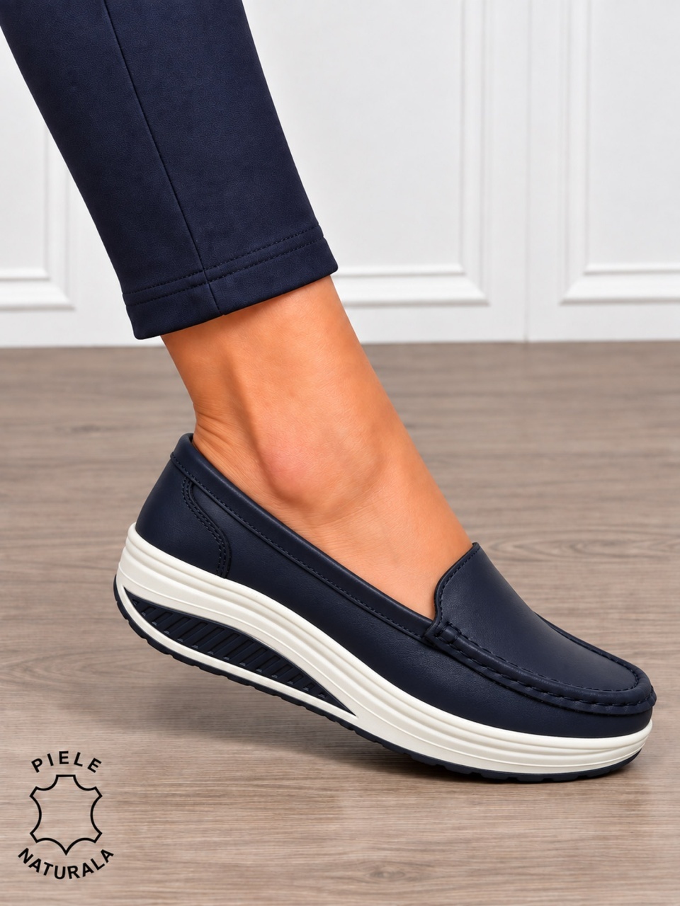Mocasini dama din piele naturala cu siret si talpa groasa CRL1859 BLEUMARIN