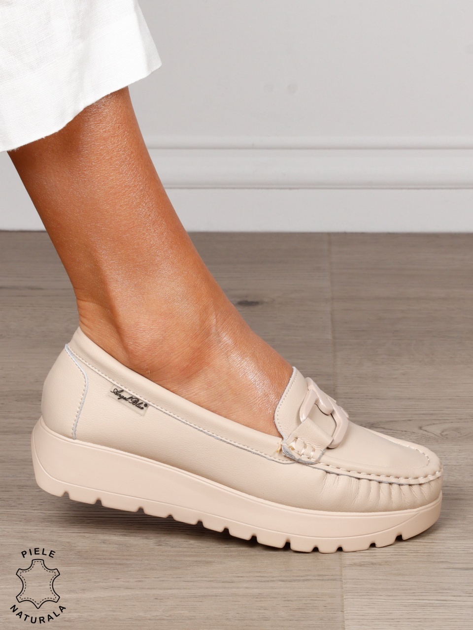 MOCASINI dama din piele naturala cu talpa inalta si catarama CRL1581 KHAKI