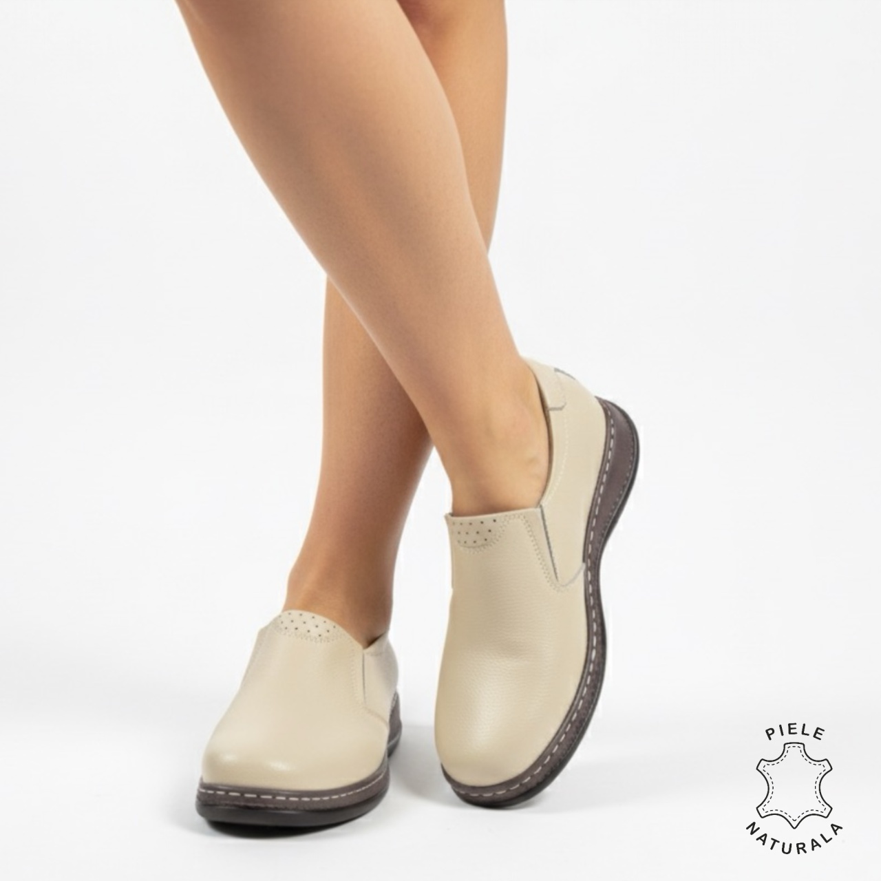 Mocasini dama din piele naturala cu talpa plata CRL0014BEJ