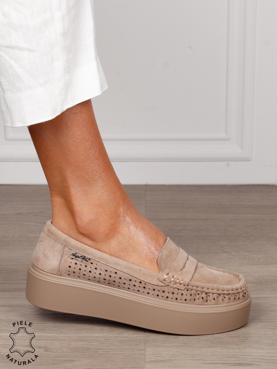 MOCASINI dama din piele naturala intoarsa cu talpa inalta CRL1580 KHAKI