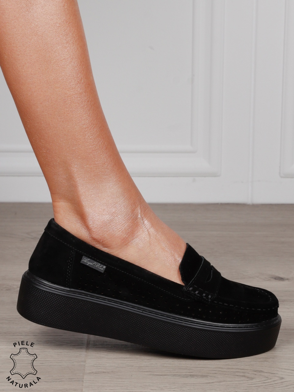 MOCASINI dama din piele naturala intoarsa cu talpa inalta CRL1580 NEGRU