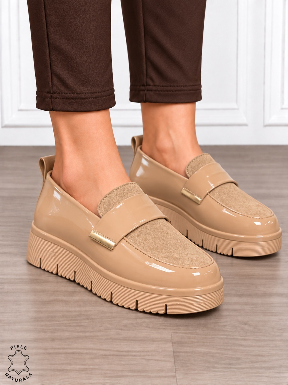 Mocasini dama din piele naturala lacuita cu stil clasic CRL1915 KHAKI