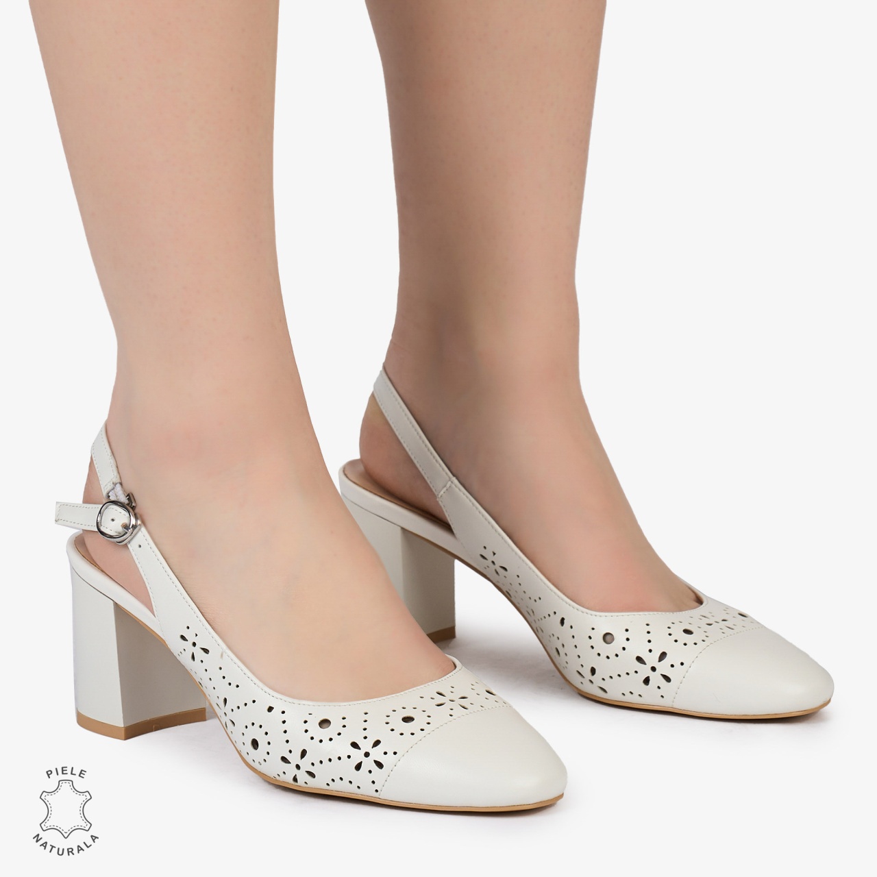 PANTOFI ELEGANTI dama din Piele Naturala CU TOC GROS SI MODEL PERFORAT CRL0995 ALB