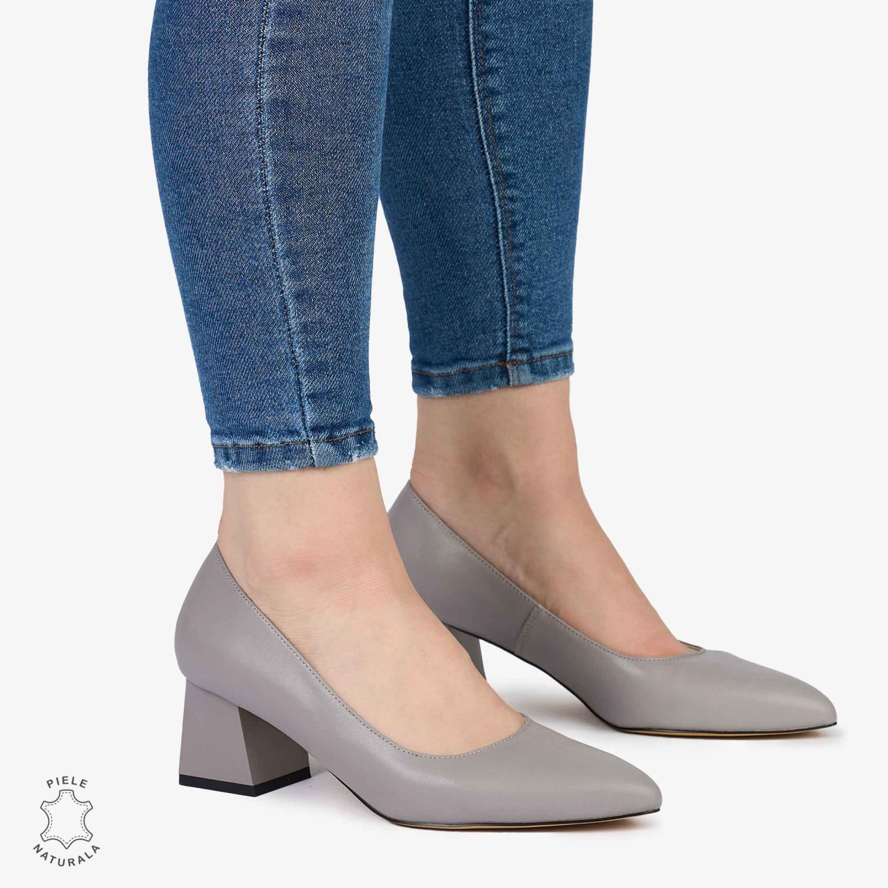 Pantofi Eleganti dama din Piele Naturala CU TOC MIC CRL0981 GRI