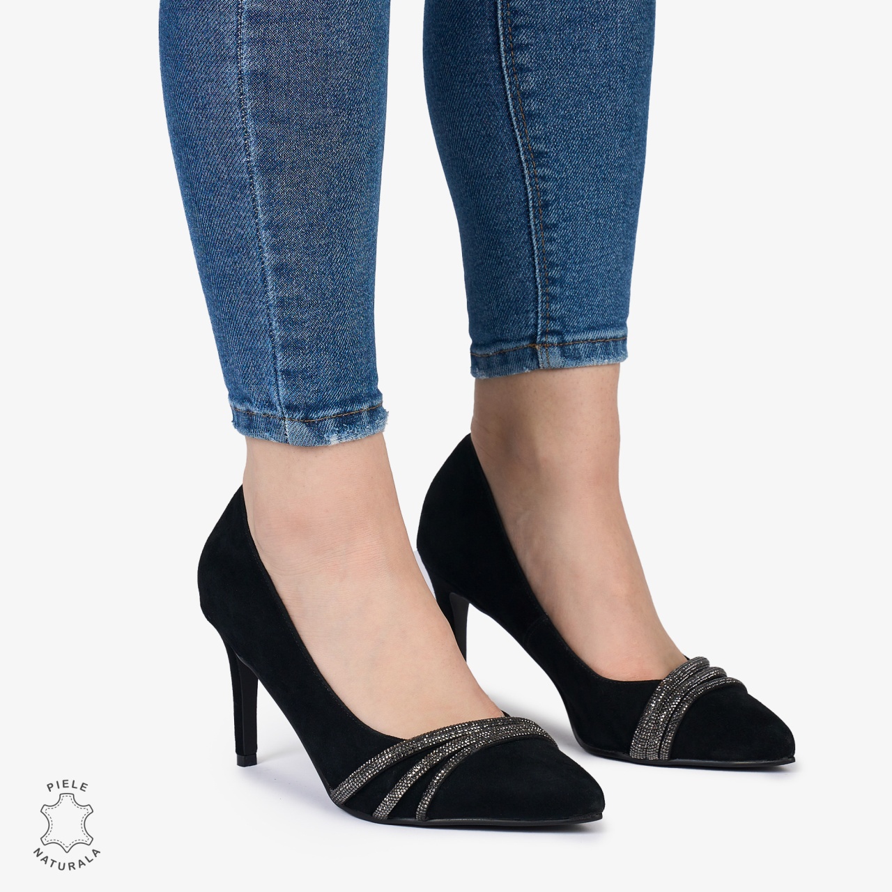 Pantofi Eleganti dama din Piele Naturala INTOARSA cu strasuri si toc subtire CRL0983 NEGRU