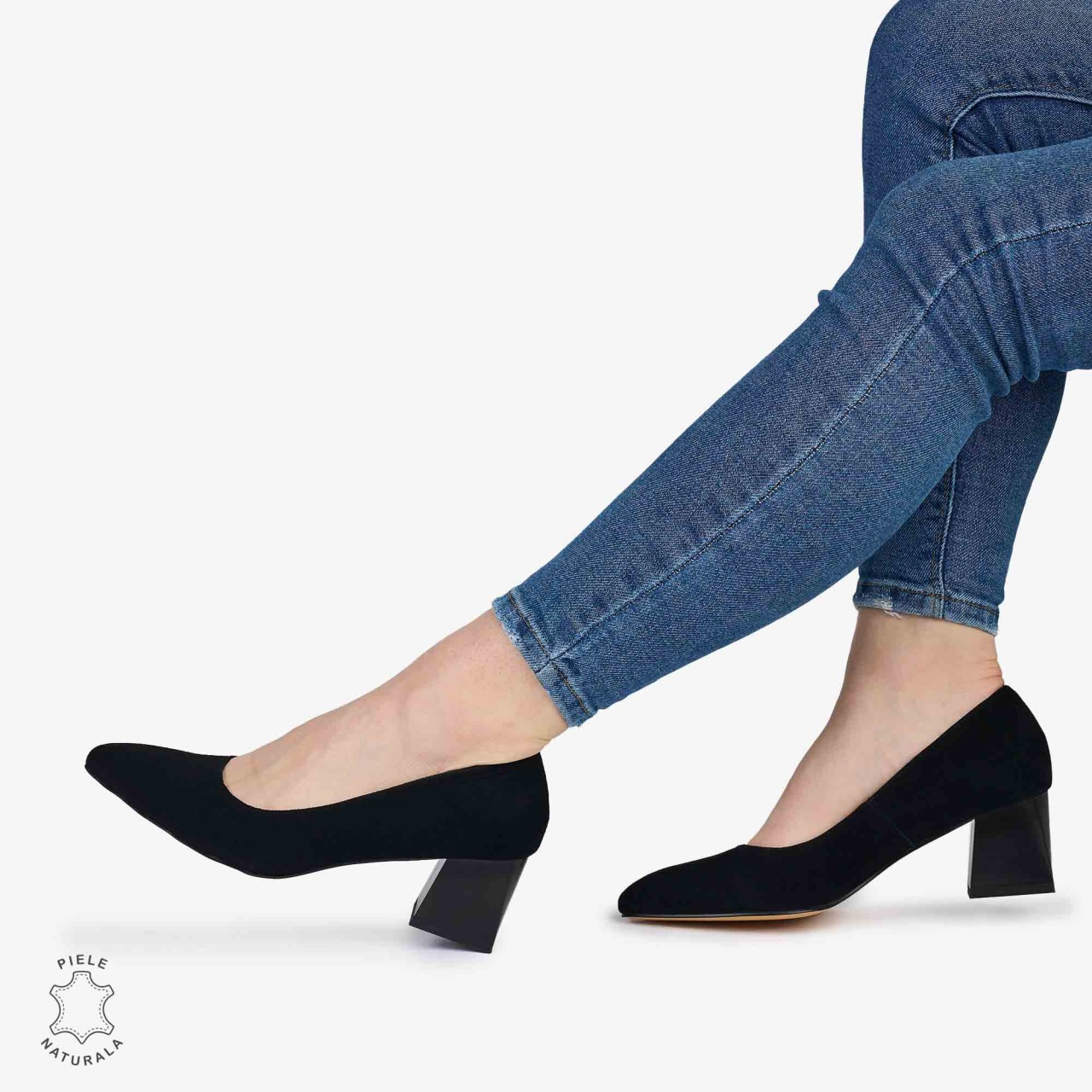 Pantofi Eleganti dama din Piele Naturala INTOARSA CU TOC MIC CRL0981 NEGRU