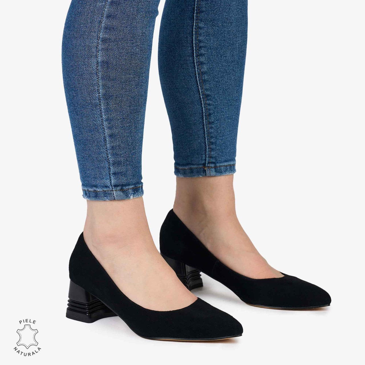 Pantofi Eleganti dama din Piele Naturala INTOARSA CU TOC MIC CRL0982 negru