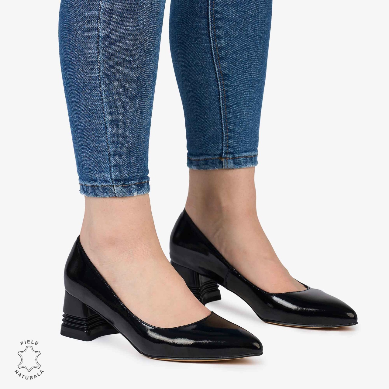 Pantofi Eleganti dama din Piele Naturala LACUITA CU TOC MIC CRL0982 NEGRU