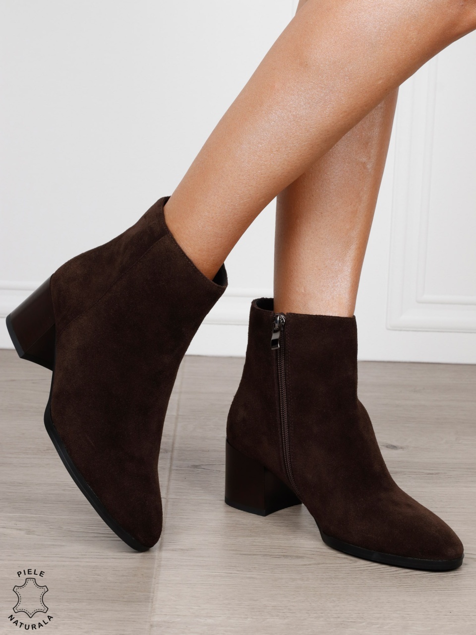 Botine dama din piele naturala intoarsa cu design clasic CRL1831 CAFENIU