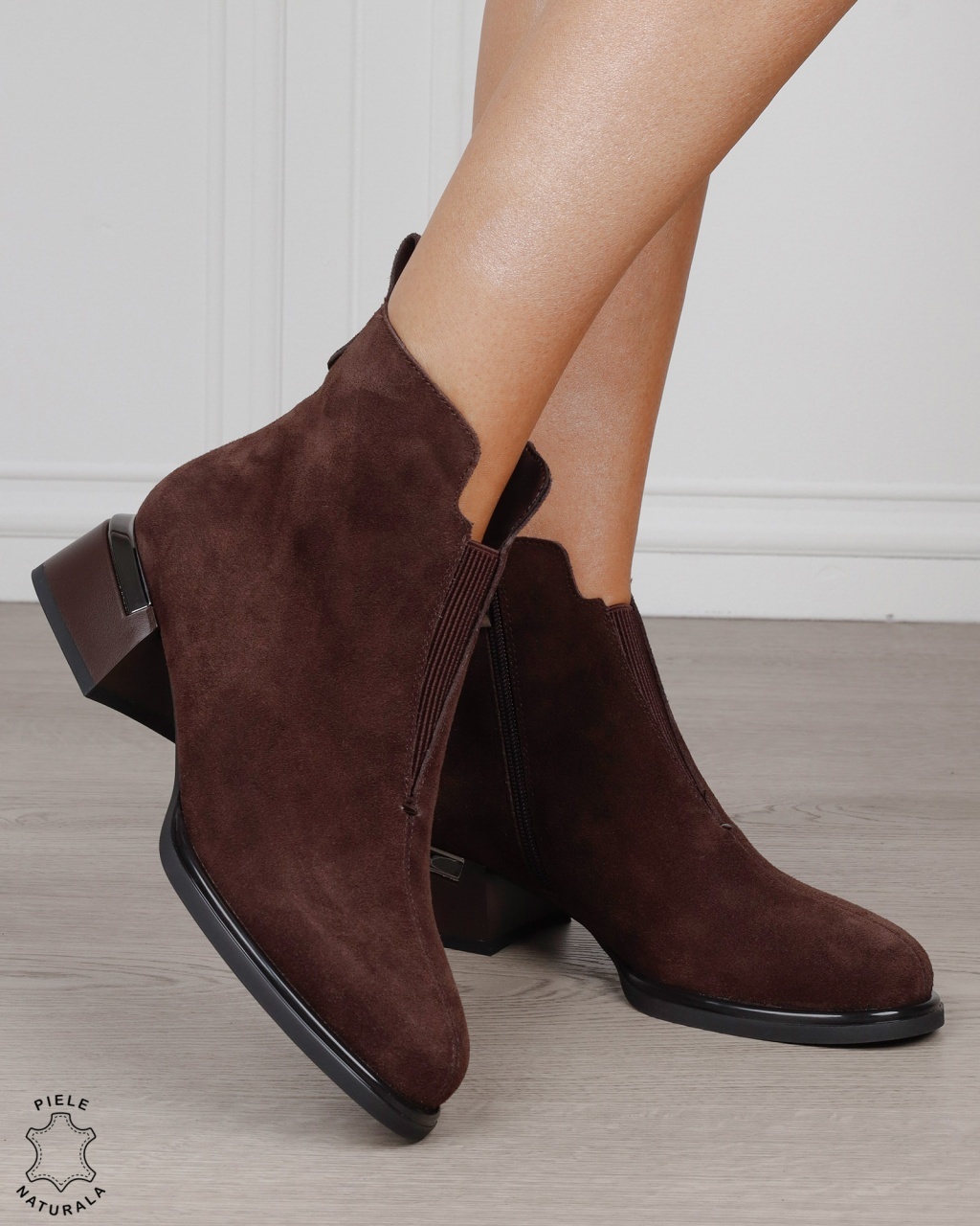 Botine dama din piele naturala Intoarsa cu elastic frontal CRL1882 CAFENIU