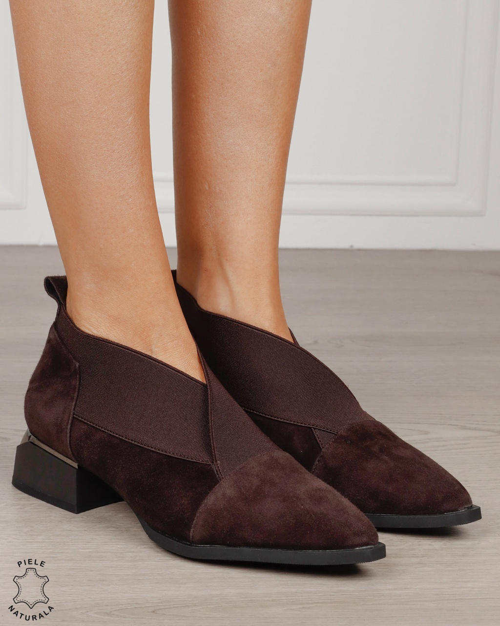 Botine dama din piele naturala Intoarsa cu elastic frontal CRL1883 CAFENIU