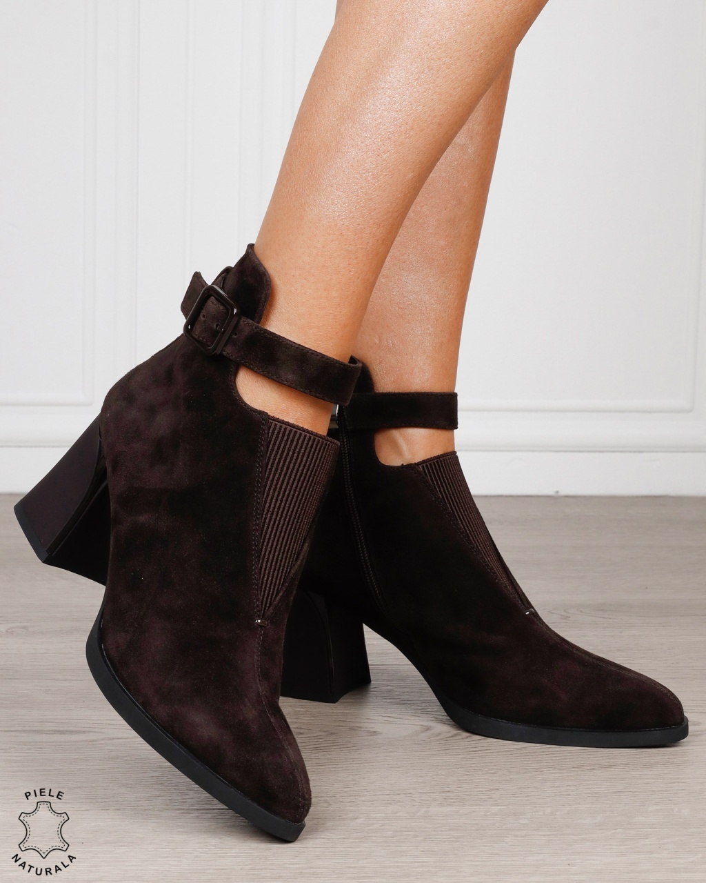 Botine dama din piele naturala intoarsa, cu elastic frontal si bareta cu catarama CRL1885 CAFENIU