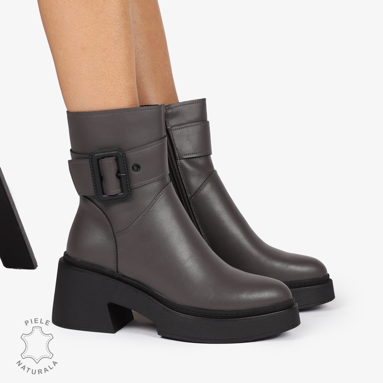 Botine Dama Piele Naturala cu Catarama, Design Modern si Confortabil CRL1242 Gri