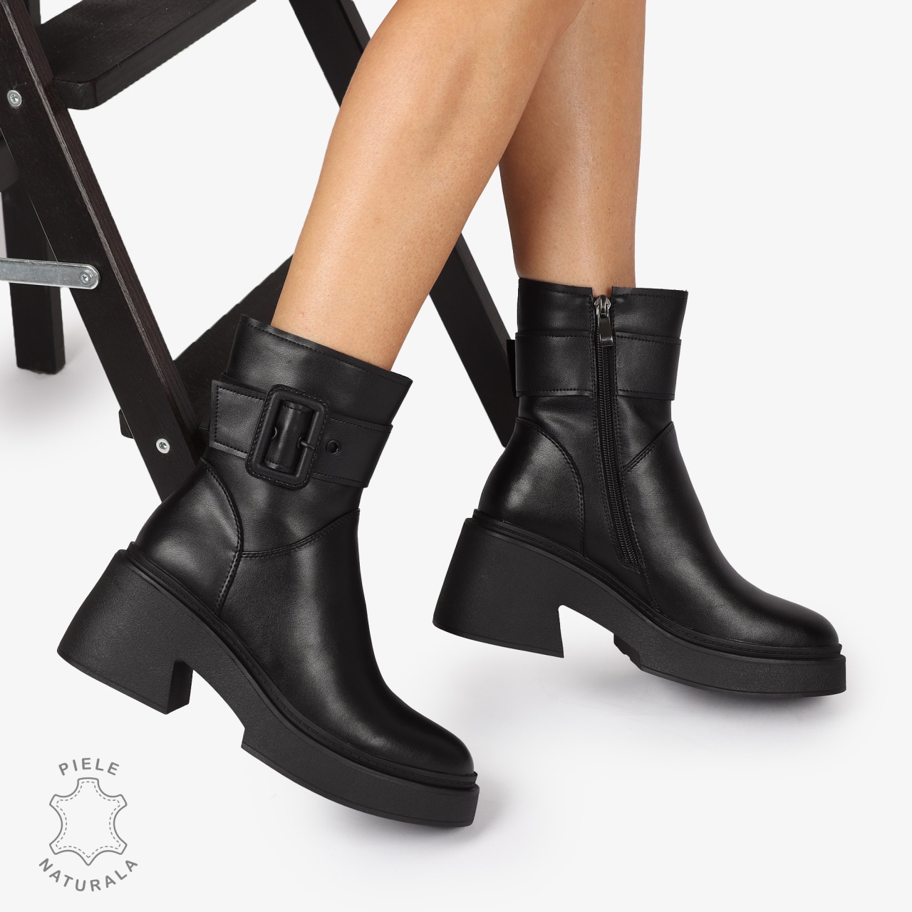 Botine Dama Piele Naturala cu Catarama, Design Modern si Confortabil CRL1242 negru
