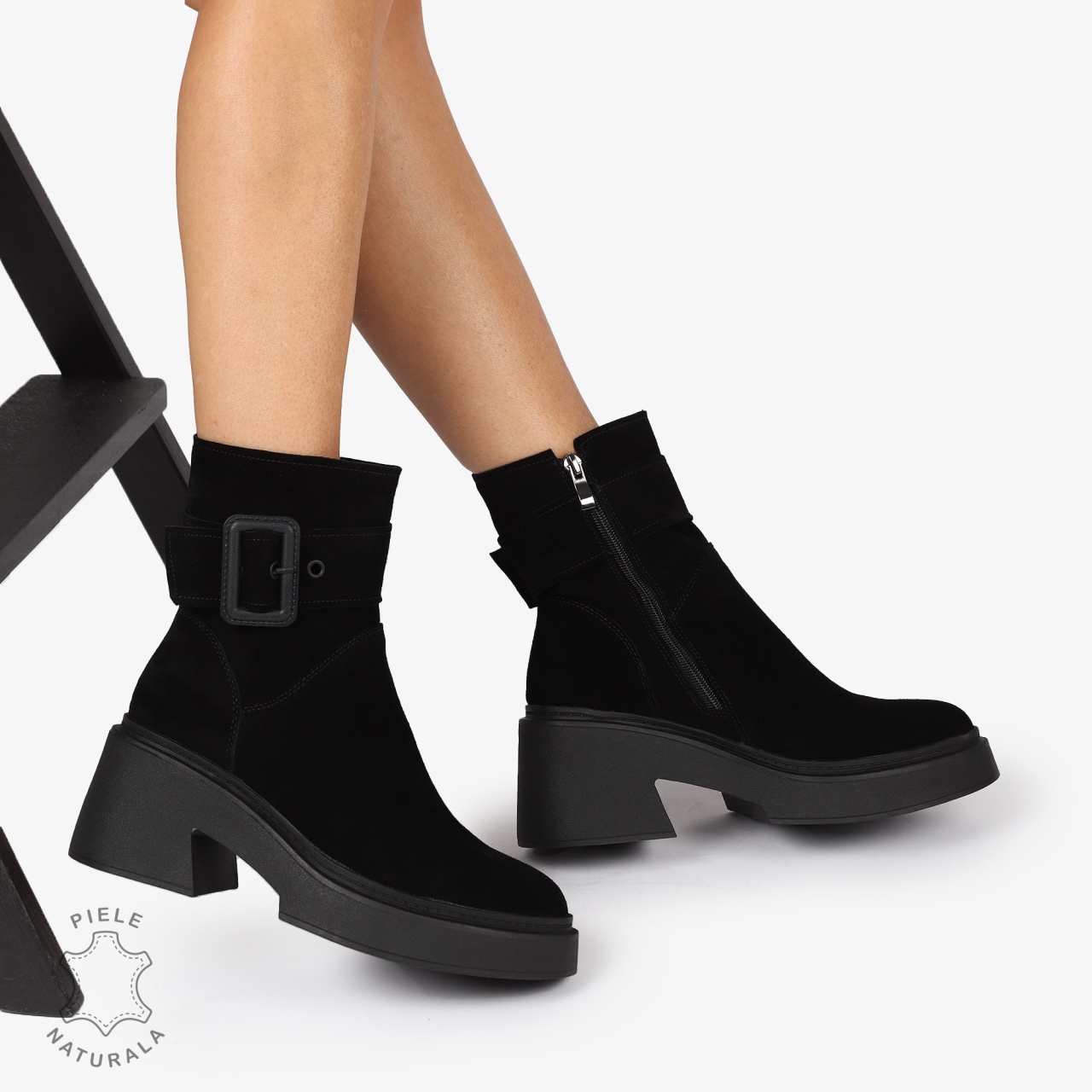 Botine Piele Naturala intoarsa cu Catarama, Design Modern si Confortabil CRL1242 Negru