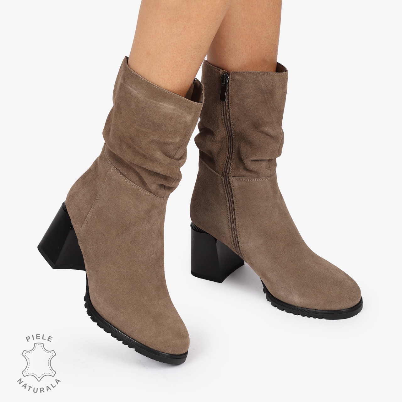Cizme Dama din Piele Naturala Intoarsa cu toc Gros CRL1246 Khaki