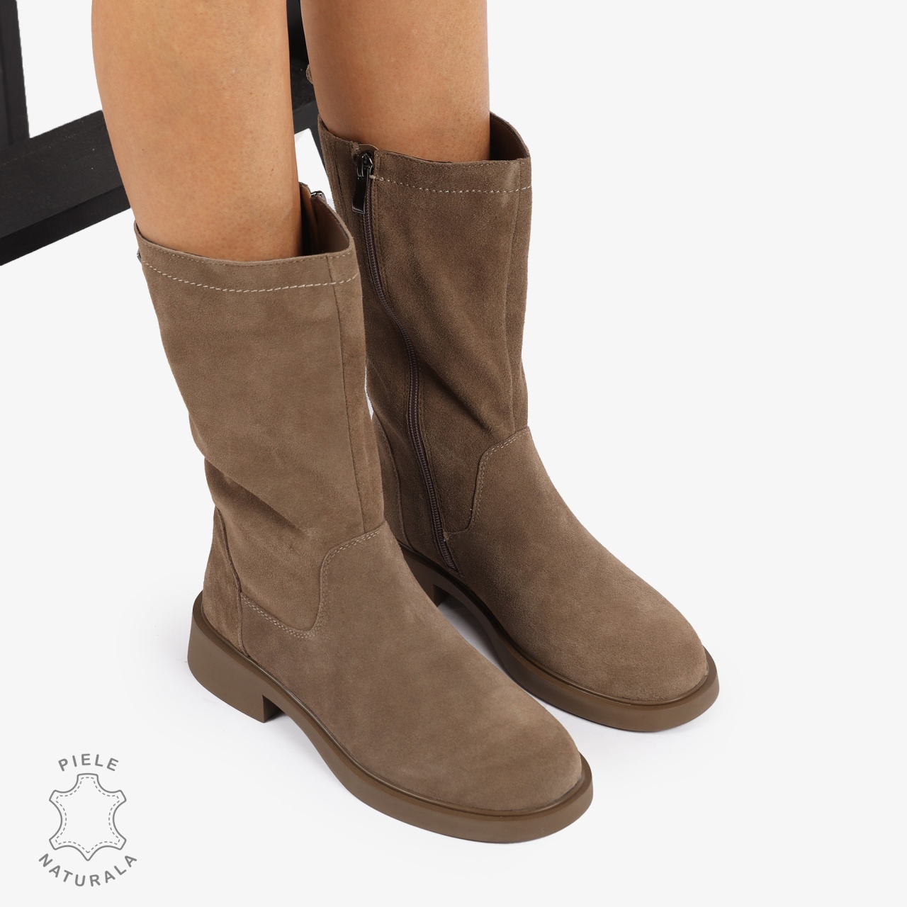 Cizme Dama din Piele Naturala Intoarsa Inalte cu inchidere fermoar CRL1252 Khaki