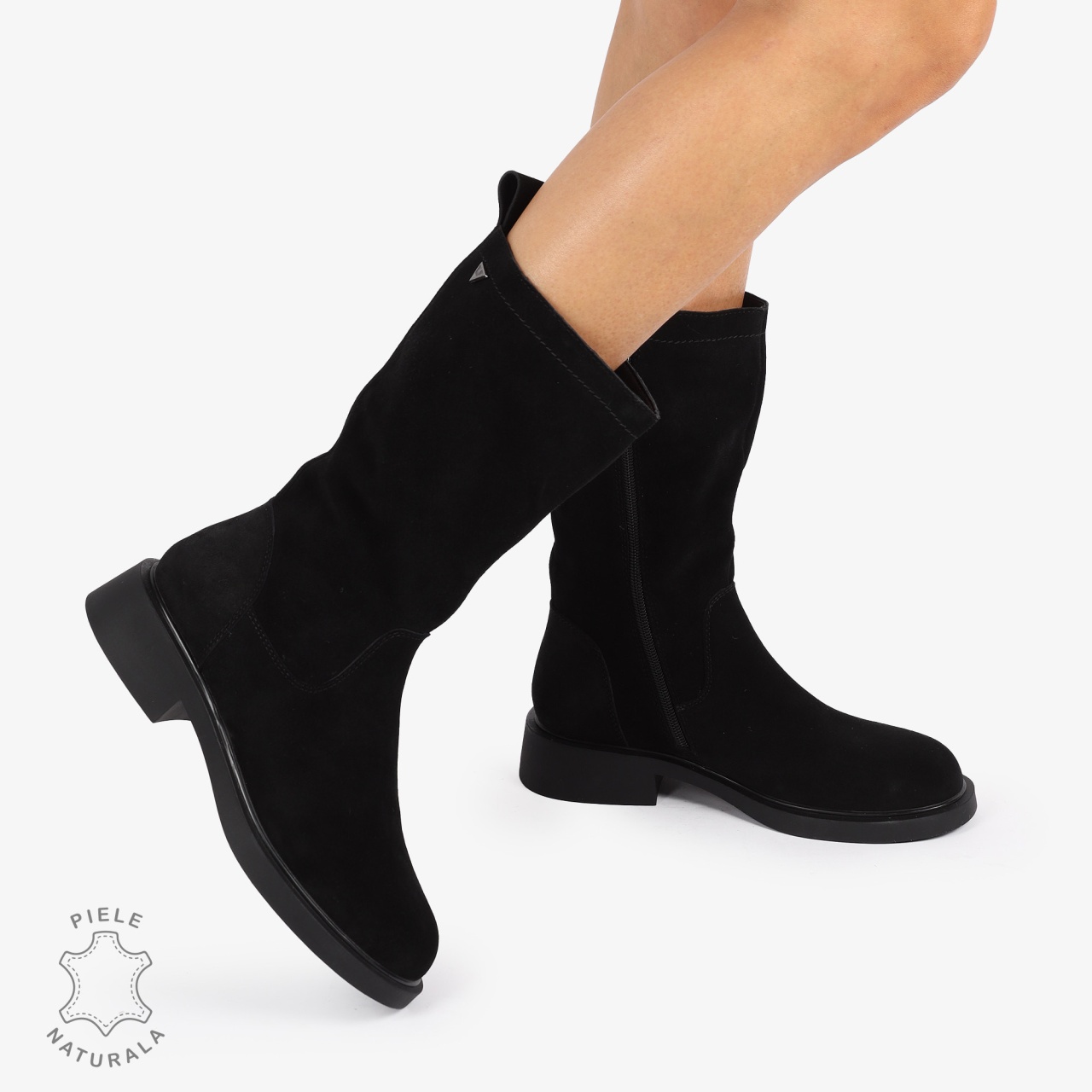 Cizme Dama din Piele Naturala Intoarsa Inalte cu inchidere fermoar CRL1252 NEGRU