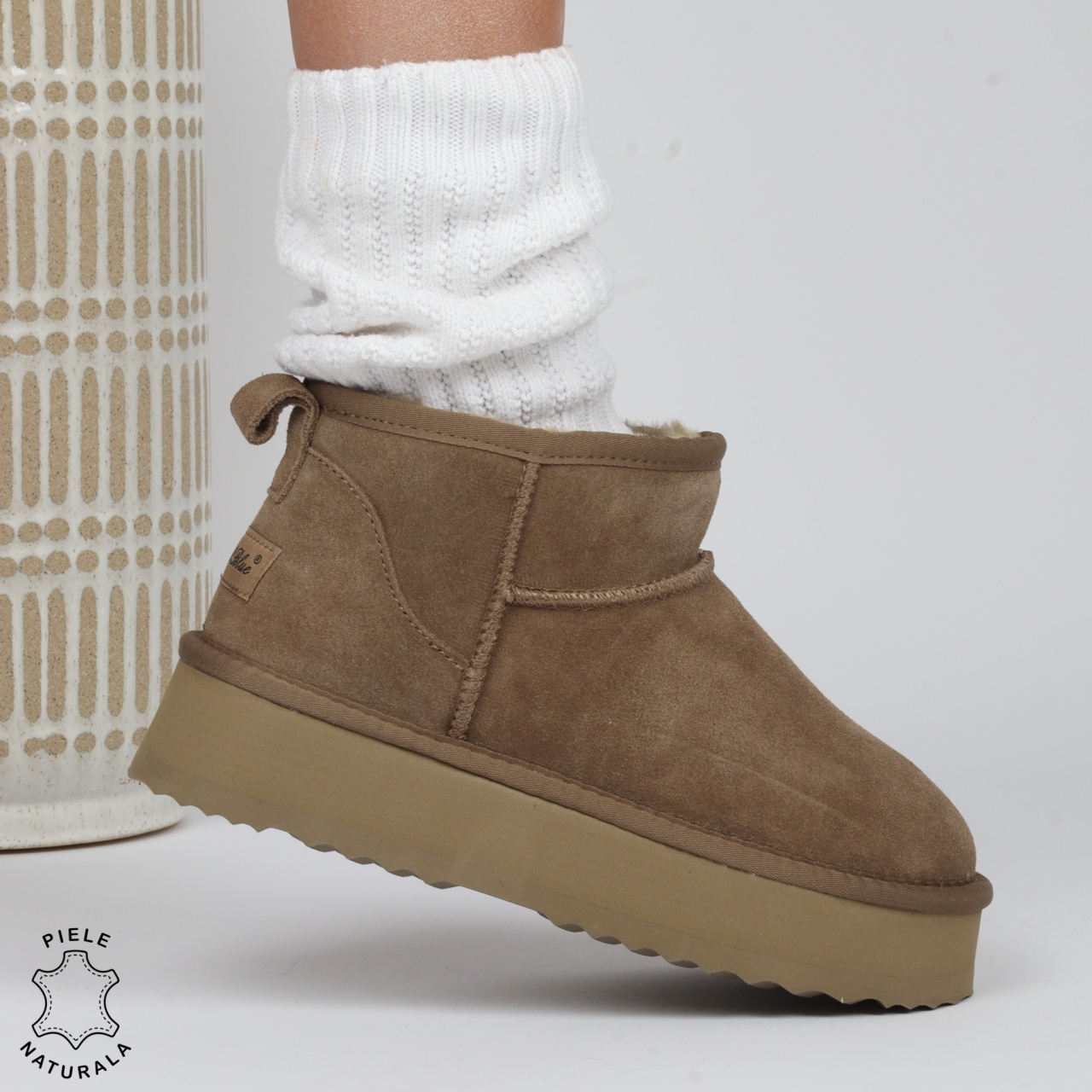 CIZME TIP UG DAMA SCURTE din PIELE NATURALA INTOARSA CRL1267 CULOARE: KHAKI